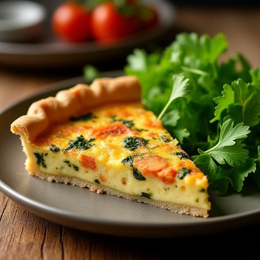 Quiche lorraine fraîchement sortie du four, accompagnée d'une salade.